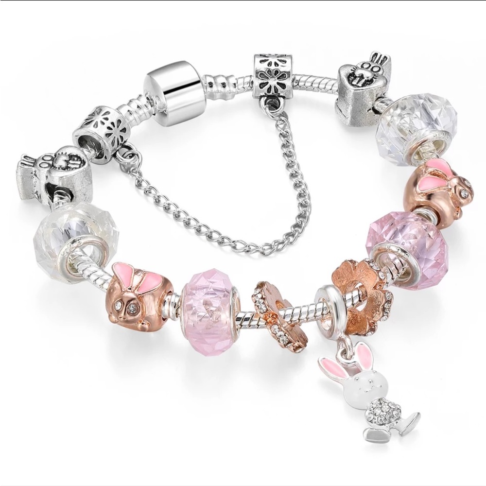 NEW Sterling Silver Pink Rabbit Charm Bracelet